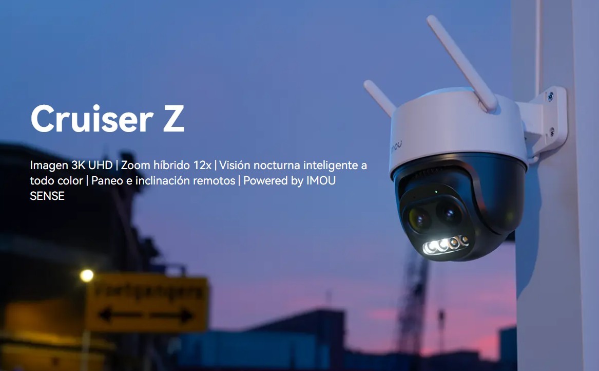 IPC-S7DN-5MOWEZ. Cruizer Z Cámara Imou WiFi de 5MP con lente PT 355° con Zoom de 12X, Alarma Sirena y luces, Audio, Seguimiento automático, Detección IA, Micro SD / Cloud
